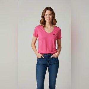 Gap Pink V-Neck Heart Graphic Tee - Size L